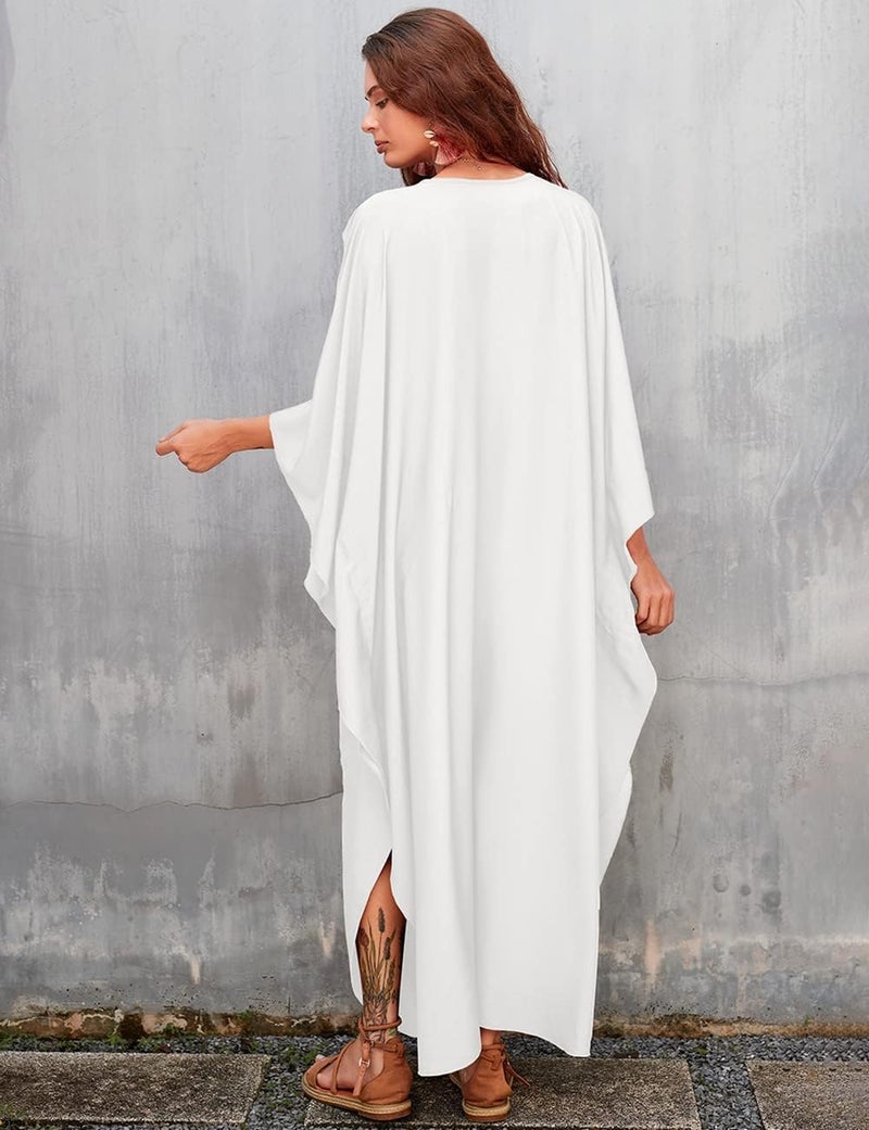 Bsubseach Women Solid Color Cover Up V Neck Batwing Sleeve Plus Size Beach Kaftan Dresses - Image 5